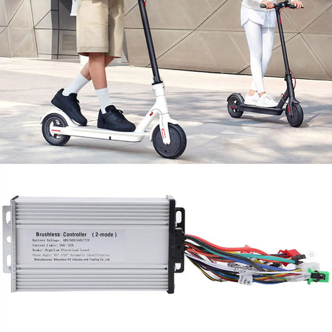 Brushless Motor Controller 48V To 72V Wide Voltage 1000W 1500W Dual Mode With Self Learning For E Bikes And Electric Scooters Universal Replacement 12 Tube Design 26A To 32A Current beside two people riding electric scooters.