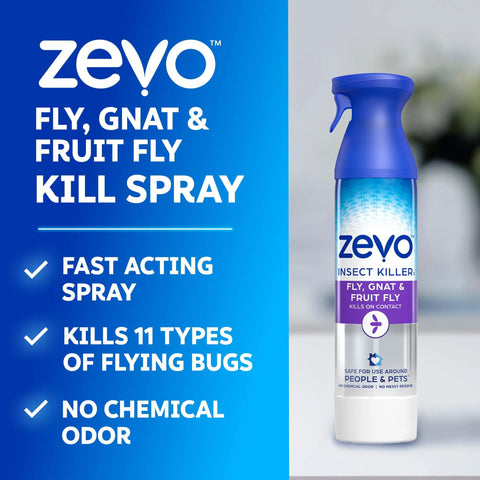 Fast Acting Flying Insect Killer Spray Tough Love Formula For Home Nukes Fruit Flies Gnats House Flies And Mosquitoes On Contact with blue and purple label.