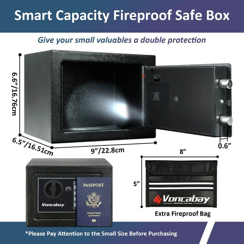 Home Money Safe Box With Sensor Light And Fireproof Bag, Cash Safe Box With Keys And Passcode open showing interior light