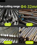Rebar cutting range showing 4-32mm steel bars including Medium Carbon Steel, Low Carbon Steel, Round Steel, and Threaded Steel.