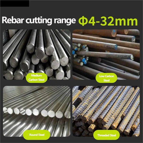 Rebar cutting range showing 4-32mm steel bars including Medium Carbon Steel, Low Carbon Steel, Round Steel, and Threaded Steel.