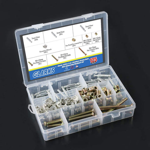 125-Piece 3-In-One Furniture Hardware Kit With Hex Socket Cap Screws Barrel Nuts Cam Fittings Dowels Hex Insert Nuts and more