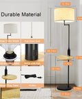 Floor lamp with beige fabric shade, pull chain, USB port, and wooden tray table, 65.74in tall, shown in a living room.