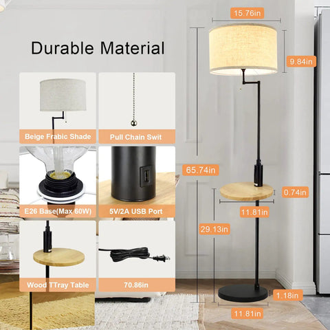 Floor lamp with beige fabric shade, pull chain, USB port, and wooden tray table, 65.74in tall, shown in a living room.