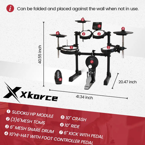 Dope 8 Piece Electronic Drum Kit With Quiet Mesh Pads And Kick, Dual Bluetooth, 360 Sounds setup dimensions and components