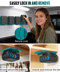 Makita 18V Battery Mount Holder Wall Mount Hanger in workshop setting with woman demonstrating secure lock installation