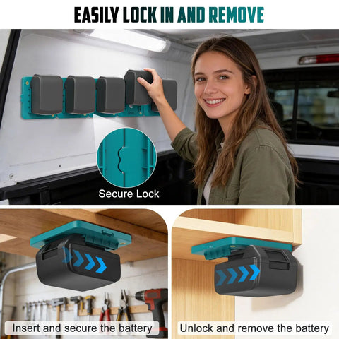 Five Pack 18V Battery Wall Mount Holder for Liion Batteries Like BL1860 BL1850 BL1840 BL1830 in use with screw attachments.