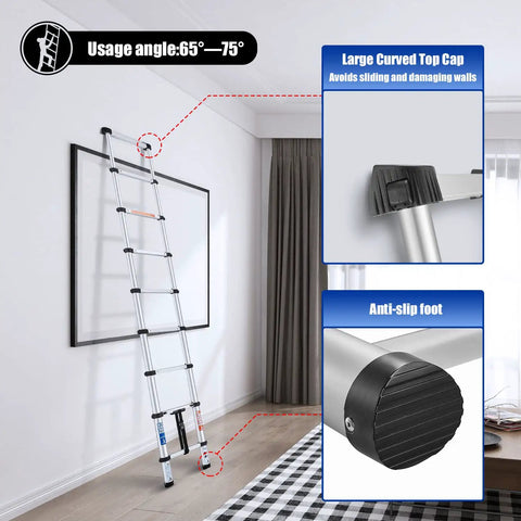 Extendable Aluminum Telescoping Ladder With One Button Retraction 12.5 Ft showing usage angle and anti-slip features