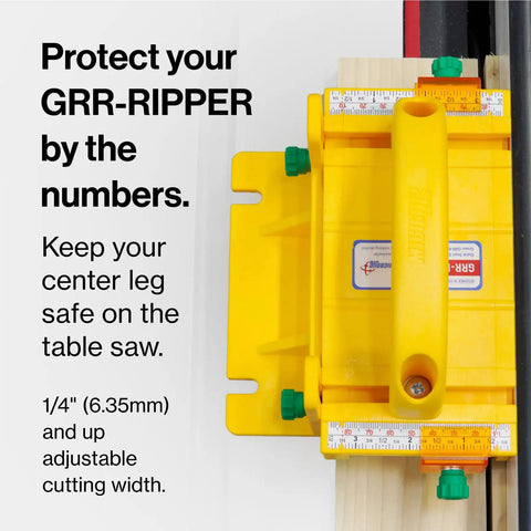 GRR Ripper Safe Rip Upgrade Kit For Table Saw Safety view from above, highlighting orange cursor and center leg guard features.