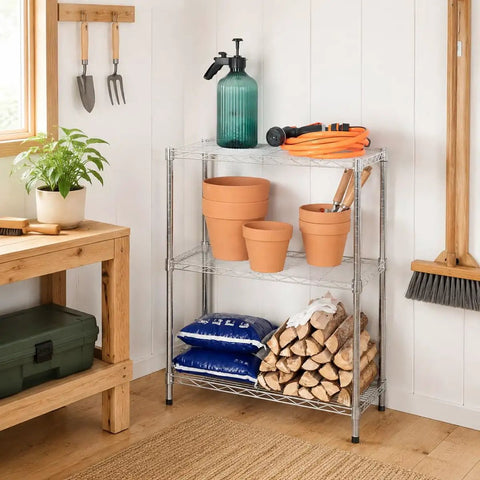 Heavy Duty Three Tier Wire Shelving Rack With Adjustable Chrome Metal Storage Shelves Featuring 750 Lb Capacity Built Like A Tank For Real Garage Workhorse Organization Needs with potted plants.
