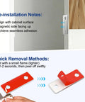 Ultra Thin Stainless Steel Cabinet Magnetic Catch Set Of 6 with adhesive latch, pre-installation and removal demonstration