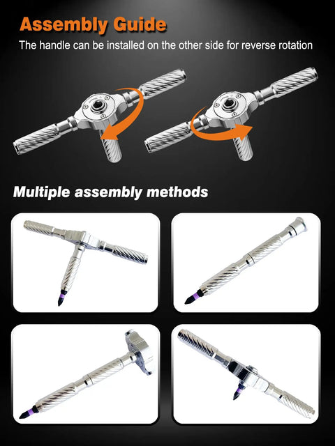 100-In-One Magnetic Ratchet Screwdriver Set assembly guide showing different tool configurations and handle rotation options.