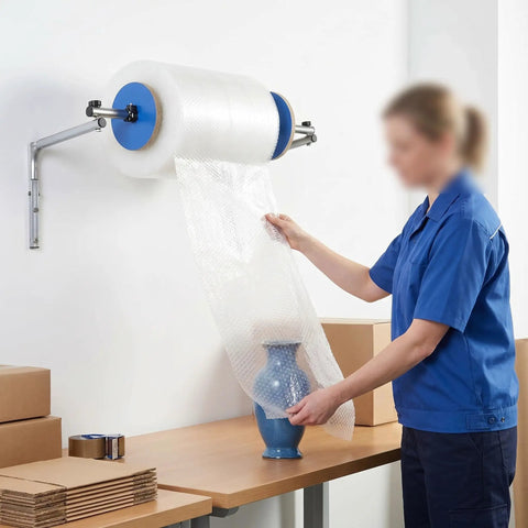 Slick Wall Mount Bubble Wrap Dispenser With Heavy Duty Galvanized Steel and Smooth Tidy Rewind Ready Packs Shipping Fits Air Cushion Film Rolls Up To Forty Inches Wide in use, wrapping a vase.