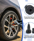 Wheel Hub Cleaning Tool And 5 Head Stud Cleaner Kit For Brake Hubs Grime Busting And Corrosion Removal Grinding Maintenance Cleaner For Nuts Ratchet Wrench Compatible Car And Truck Use shown in use on a car wheel hub.