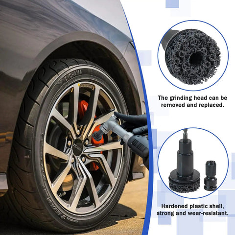 Wheel Hub Cleaning Tool And 5 Head Stud Cleaner Kit For Brake Hubs Grime Busting And Corrosion Removal Grinding Maintenance Cleaner For Nuts Ratchet Wrench Compatible Car And Truck Use shown in use on a car wheel hub.