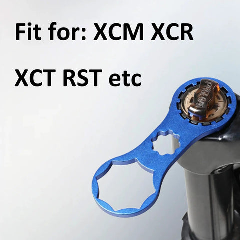 Beefy Blue Aluminum Fork Cap Wrench For Suntour XCM XCR XCT RST Suspension MTB front fork in use for easy cap removal