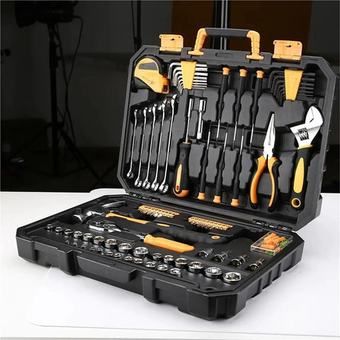 Open plastic case showing Beefy Auto Repair Tool Set For Home DIY In Plastic Storage Box With Screwdriver And Hammer All In One Hand Tool Kit