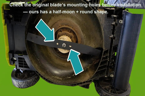 20 Inch Lawn Mower Replacement Blade For Ryobi 40V Brushless RY40180 RY40190 RY401110 Not For Cross Cut Models Ships Unsharpened So You Can Sharpen For Your Grass Type With Half Moon And Round Center Holes Replaces AC04020 installed view