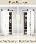 Bifold Barn Door with Classic Raised Two Panel Design, showing left and right opening options in a closet setting.