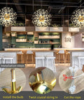 Gold Crystal Sputnik Ceiling Light Fixture Nine Light Pendant For Modern Living Room And Dining Room in kitchen setting