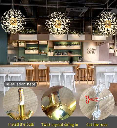 Gold Crystal Sputnik Ceiling Light Fixture Nine Light Pendant For Modern Living Room And Dining Room in kitchen setting