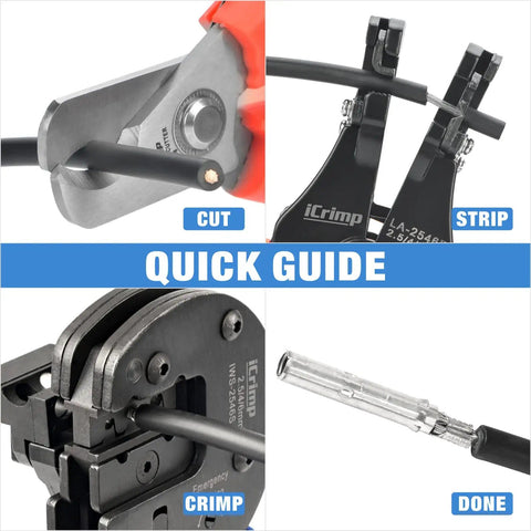Solar Crimping Tool Kit For Solar Panel Installation showing cutting, stripping, crimping, and connector assembly