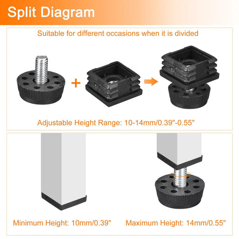 Eight Piece Adjustable Leveling Feet Inserts For 1.18 By 1.18 Inch Square Tubes With M8 1.25mm Thread Black Plastic End Caps And Plugs For Furniture And Chairs Easy Install split diagram showing assembly steps and adjustable height range.