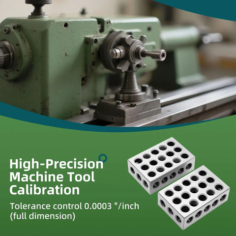 1-2-3 block set: two precision-ground 1x2x3 in tool steel blocks with 23 holes; matched pair on a green machine.