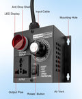 Front view of AC Motor Variable Speed Controller for Routers and Fans SCR Voltage Regulator 120V-220V with labeled parts.