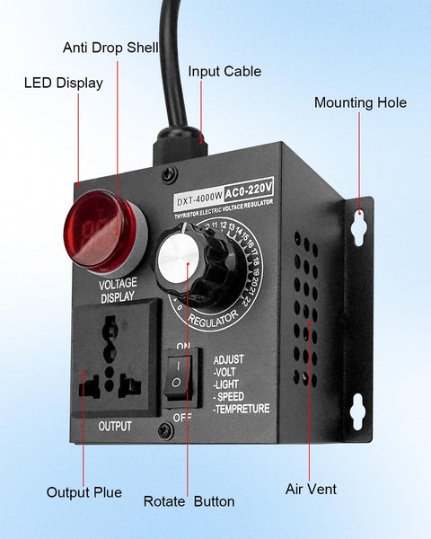 Front view of AC Motor Variable Speed Controller for Routers and Fans SCR Voltage Regulator 120V-220V with labeled parts.