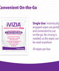 iVIZIA eyelid cleansing wipes, single-use sterile packets, 20 wipes per box, no rinse.