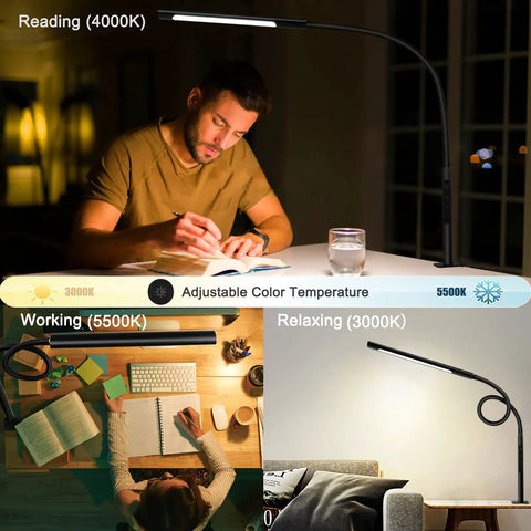 Flexible Gooseneck Swing Arm Desk Lamp with 12W Eye Care LEDs showing adjustable color temperature for reading, working, relaxing