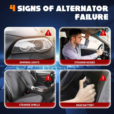 Image showing signs of alternator failure: dimming lights, strange noises, strange smells, dead battery.