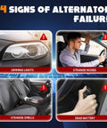 Image showing 4 signs of alternator failure: dimming lights, strange noises, strange smells, and dead battery in car context.