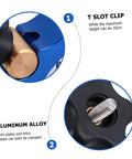Close-up of T Slot Clamp Quick Act Hold Down Clamp For Woodworking And Carpentry On T Track Systems in blue aluminum alloy.
