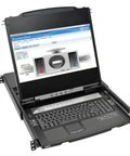 Eight Port Rackmount Console Kvm Switch With 17 Inch Lcd Display And Hdmi Ports Granting Dead Simple Ip Remote Access To Run Your Computer Rigs Slick While You Chill In The Break Room open showing screen and keyboard in a rack mount design.
