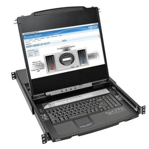 Eight Port Rackmount Console Kvm Switch With 17 Inch Lcd Display And Hdmi Ports Granting Dead Simple Ip Remote Access To Run Your Computer Rigs Slick While You Chill In The Break Room open showing screen and keyboard in a rack mount design.