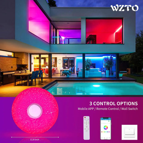 Outdoor view of house with 36W LED Music Ceiling Light With Bluetooth Speaker, RGB color changing, app and remote control options