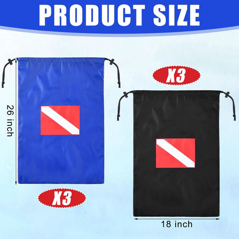 Six Pack Mesh Gear Bags for Snorkel Gear and Swim Equipment Oversized 18 by 26 Inches Nylon Drawstring Duffle Bags, blue and black