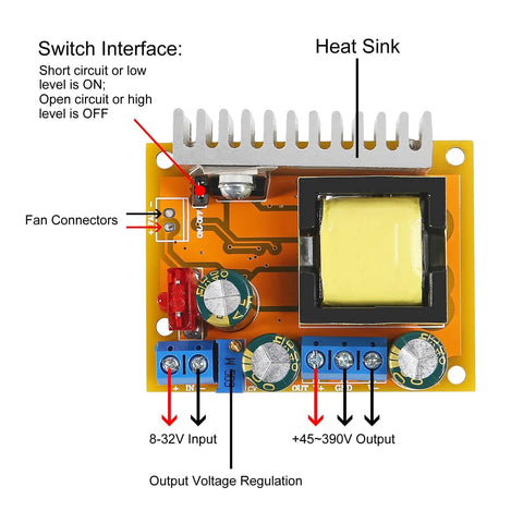 Top view of Beefy 2-Pack High Voltage DC-DC Boost Converter Module 8V-32V Input to 45V-390V Output ZVS Step-Up Booster with labeled features