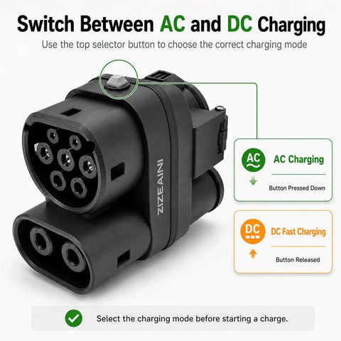 Super Hella Reliable CCS1 To CCS2 EV Charger Adapter Plug And Play Fast Charging Connector with mode selection button.
