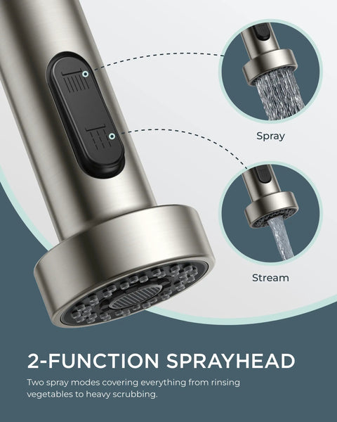 Close-up of Brushed Nickel Kitchen Faucet With Pull Down Sprayer Stainless Steel Commercial Single Handle Sprayhead
