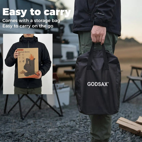 Person holding storage bag and box for Portable Wood Burning Camp Stove With High Efficiency Rocket Style Flame For Camping Backyard Cookouts and Outdoor Events Includes Storage Bag And Rugged Weatherproof Construction For Easy Transport.