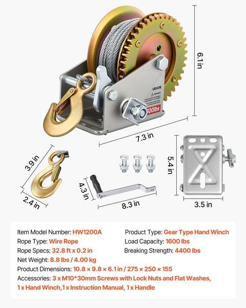 Beefy 1600 Lb Boat Winch With 32.8 Ft Steel Wire Hand Crank Towing Winch Two Way Ratchet Anti Slip Handle Easy Install For Boat Trailer And ATV Towing, gear hand winch with hook and handle