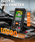 True RMS 10000 Counts Digital Multimeter with Rechargeable Battery displayed on car engine showing screen and probes