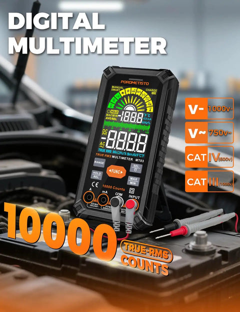 True RMS 10000 Counts Digital Multimeter with Rechargeable Battery displayed on car engine showing screen and probes