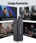 Wired In-Ear Monitor Amplifier With XLR And TRS Inputs, Mono And Stereo Modes, shown in usage scenarios for bands and studios.