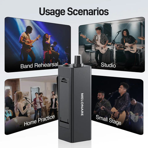 Wired In-Ear Monitor Amplifier With XLR And TRS Inputs, Mono And Stereo Modes, shown in usage scenarios for bands and studios.