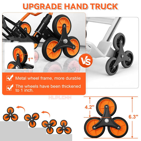 Heavy Duty Stair Climbing Hand Truck With Quick Fold Frame And Smooth Rolling Wheels For Zero Stress Moving No Sweat 300 Lb Cargo Hauler For Home Or Warehouse Runs showing durable rubber wheels and metal frame upgrades.
