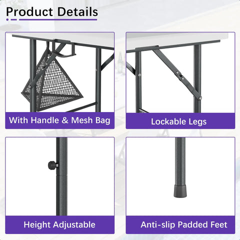Heavy Duty 4 Foot Folding Table With Carry Handle And Mesh Bag Indoor Outdoor Portable Table details showing legs, handle, and mesh